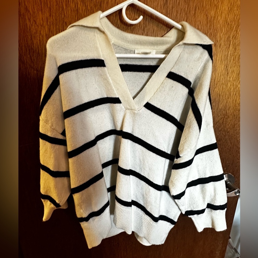 Striped V-Neck Sweater - Black and Cream